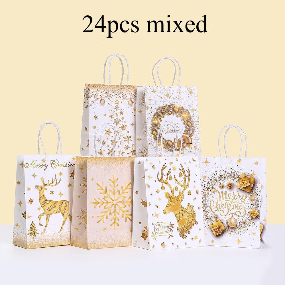 12/24pcs Elegant White &Golden Luxury Christmas Gift Bags with Golden Glitter Reindeer,Snowflake & Tree Cutouts Party Packaging