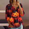 Women's Casual Halloween Print V-Neck Button Three-Quarter Sleeve T-Shirt