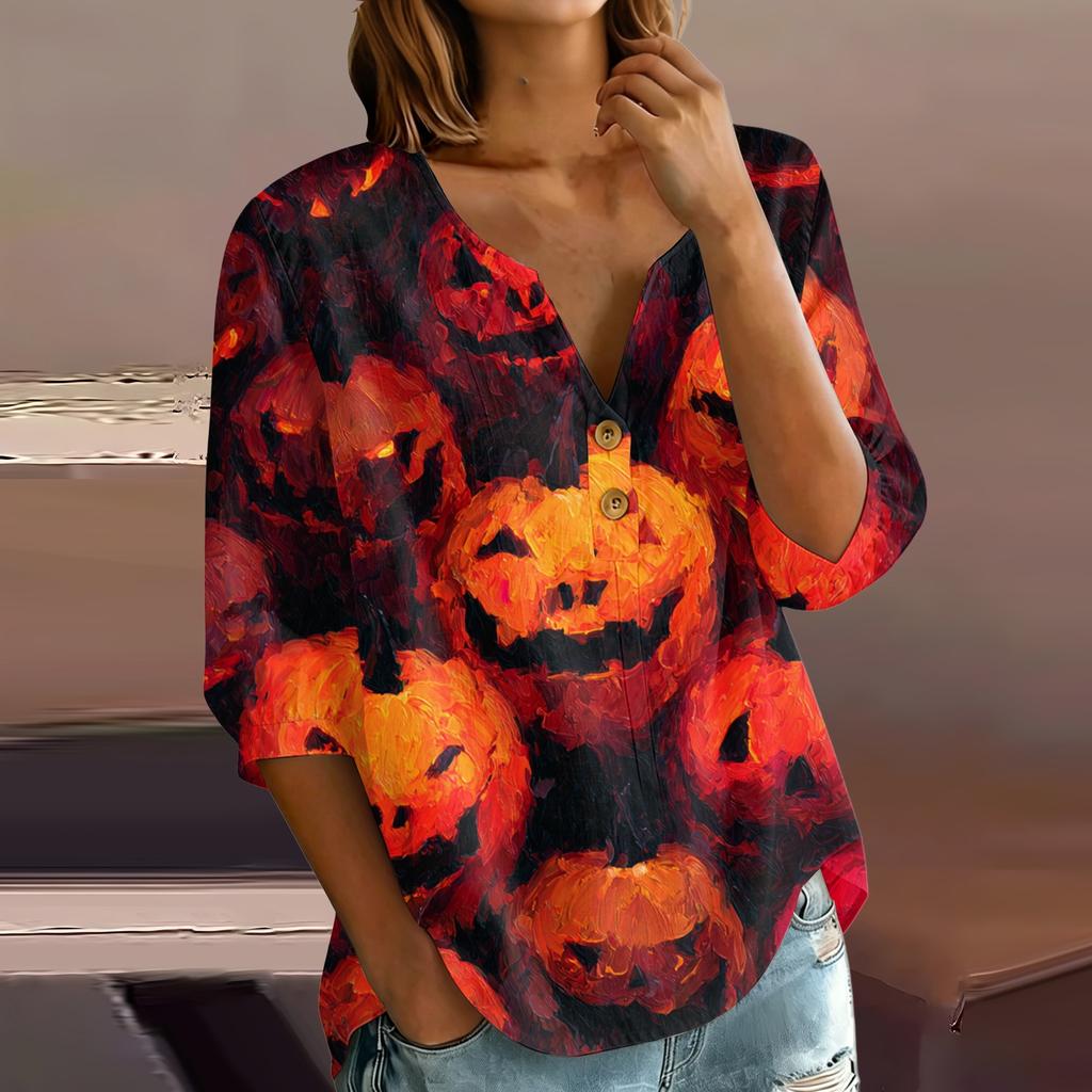 Women's Casual Halloween Print V-Neck Button Three-Quarter Sleeve T-Shirt