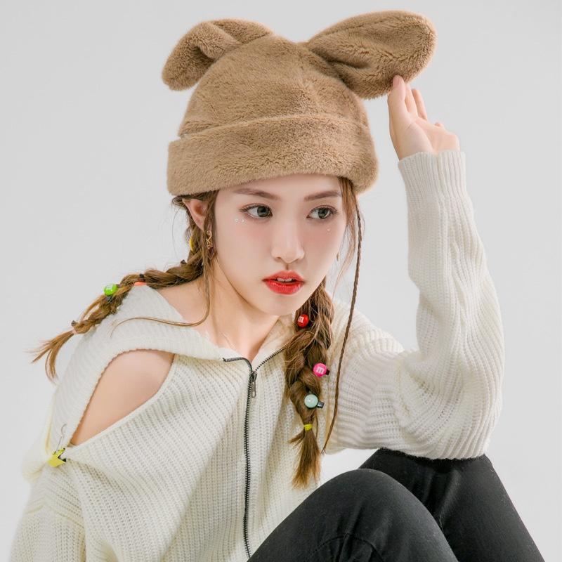 New Rabbit Ear Hat Girls Winter Warm Hat Beret Cute Stretch Plush Hat