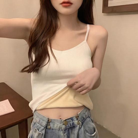 Women Sleeveless Thermal Tank Top Spaghetti Strap Fleece Lined Underwear Top Warm Camisole Base Layer