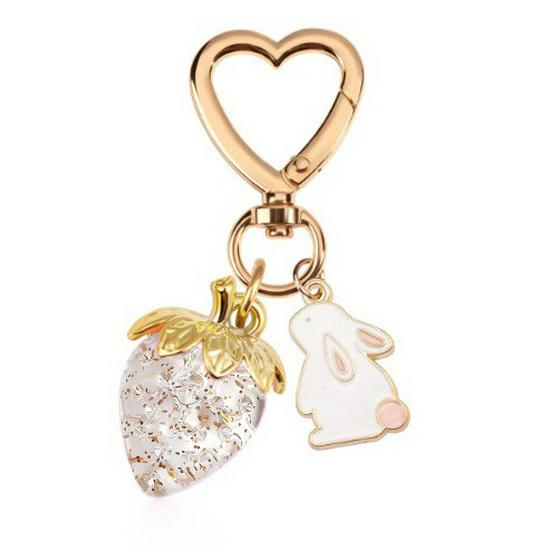 Peach Heart Strawberry Flower Keychain - Heart-Shaped Bag or Car Pendant