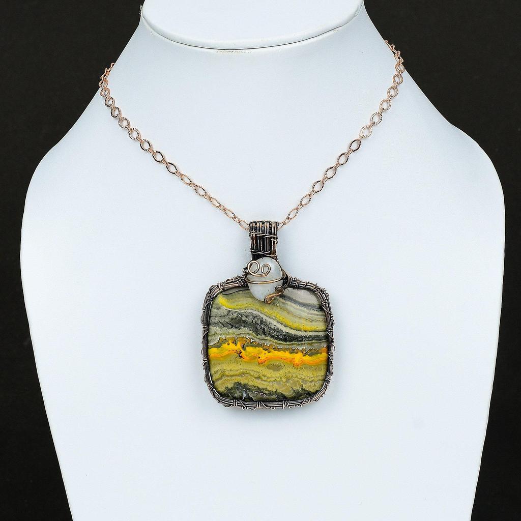 Bumble Bee Jasper Copper Wire Wrapped Pendant Rainbow Moonstone Pendant Gemstone Jewelry Handmade Pendant Copper Wire Jewelry Healing Stone
