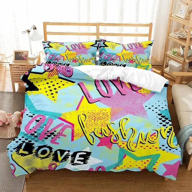 Graffiti Duvet Cover Set Cute Hip Hop Style Polyester Comforter Cover with Pillowcase Queen Full Size for Kid Teen Bedding Set
