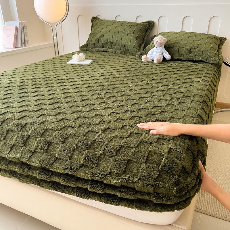 Modern Home Embossed Mattress Protector Bed Sheet Pillowcase Set Antiallergic Thickened Mattress Cover Grid-shaped Bed Cover