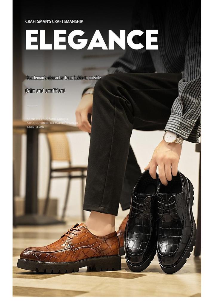 Men's Large Size Leather Lace-Up Casual Shoes - Fashionable British Loafers with Thick Soles, Size 45