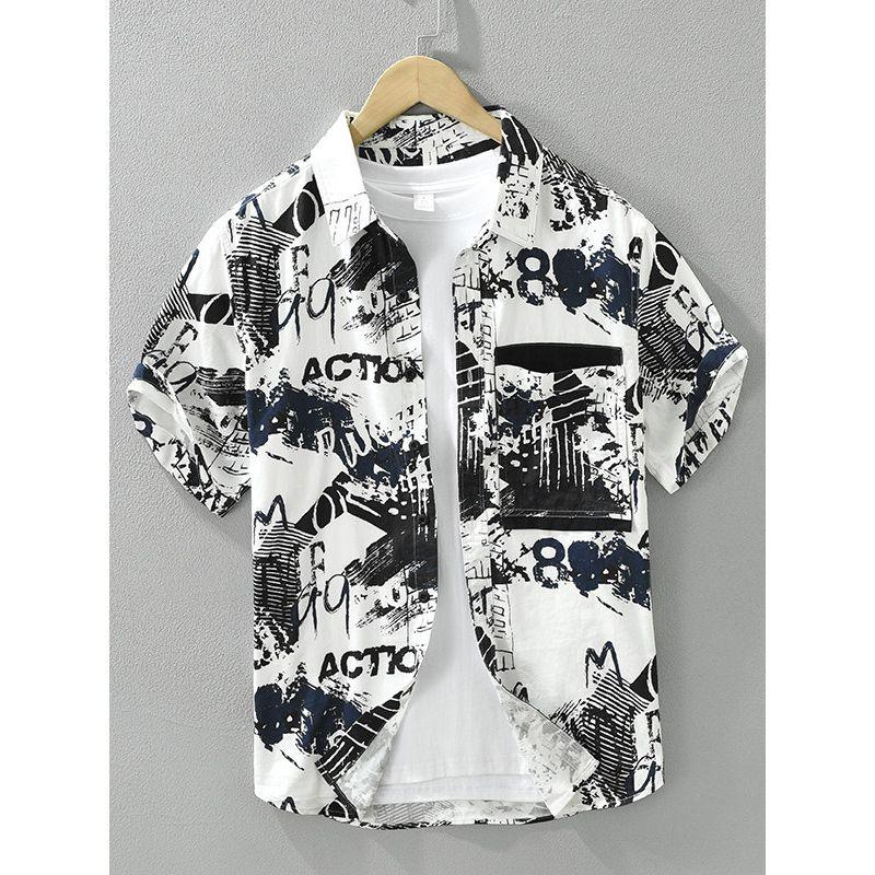 Summer Tokyo Trendy over Print Half Short sleeve Shirts Men's Clothing Hong Kong Style Youth Loose Casual Shirt Pure Cotton New