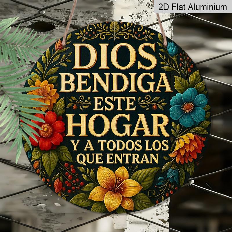 2D Flat, 1pc Spanish Prayer Plaque "God Bless This House" - Bilingual English/Spanish Religious Wall Decor with Latin Blessing, Vintage Round Altar