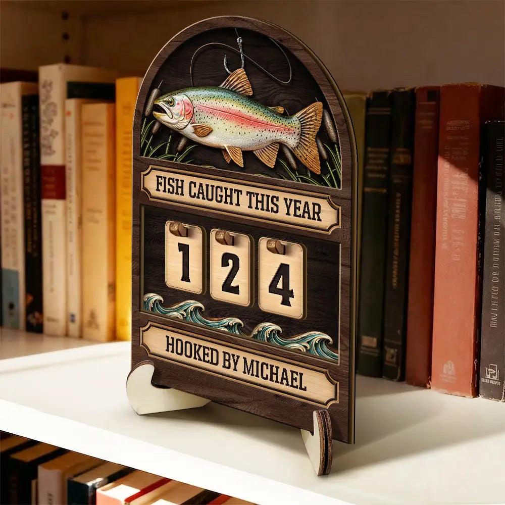 Personalized Fishing Wooden Sign 2-Layered Fish Caught Tracker Board with Number Tiles Custom Fisherman Gift for Husband Dad
