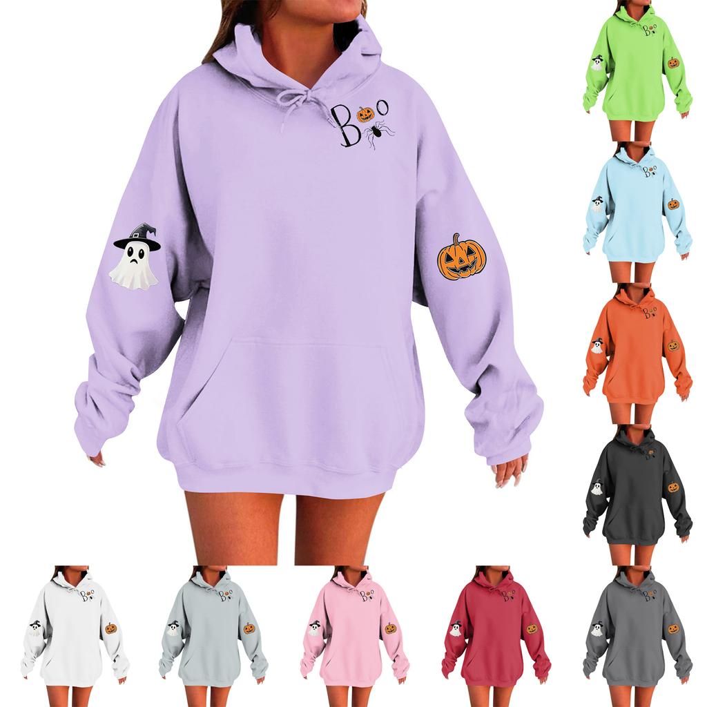 Women's Solid Color Long Sleeve Casual Halloween Print Pullover Hooded Sweatshirt