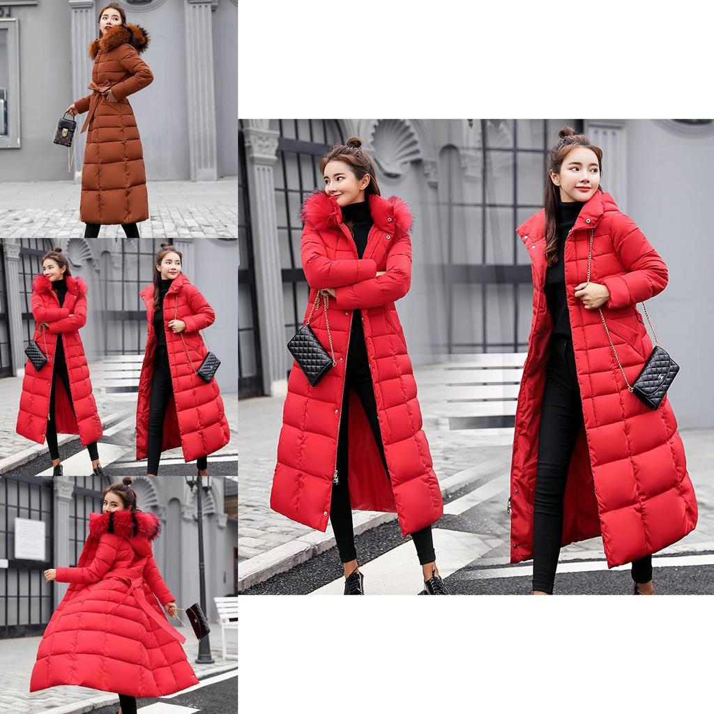 Luxurious Women Full Length Parka Jacket Down Cotton Puffer Coat Fur Long Hooded Winter