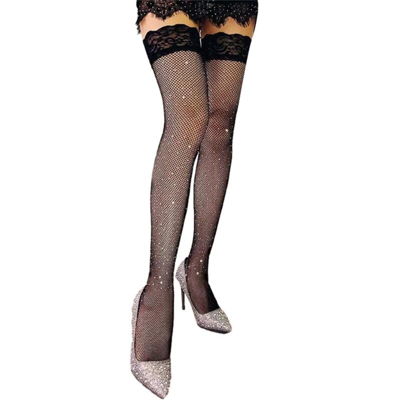 Sexy Sheer Fishnet Mesh Thigh High Stockings for Women Lace Top Sparkly Rhinestone Over Knee Long Socks Hosiery Lingerie