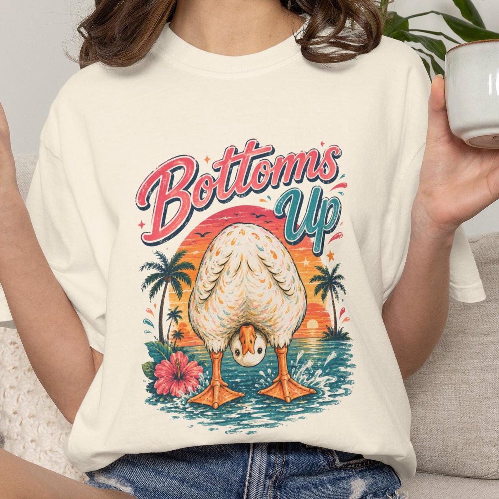 Bottoms Up Summer Goose Tshirt, Preppy Goose Summer Tee, Colorful Beach Vibes Shirt, Comfort Colors Summer T-shirt S