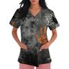 Womens Halloween Print V Neck Scrub Top Short Sleeve Medical Uniform Shirt with Pocket Comfortable Fit Lightweight Fabric