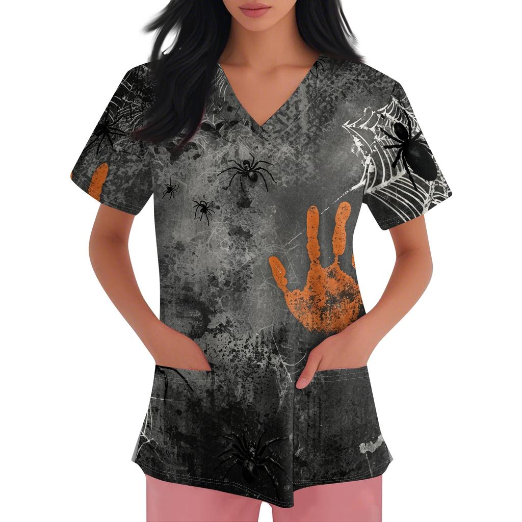 Womens Halloween Print V Neck Scrub Top Short Sleeve Medical Uniform Shirt with Pocket Comfortable Fit Lightweight Fabric