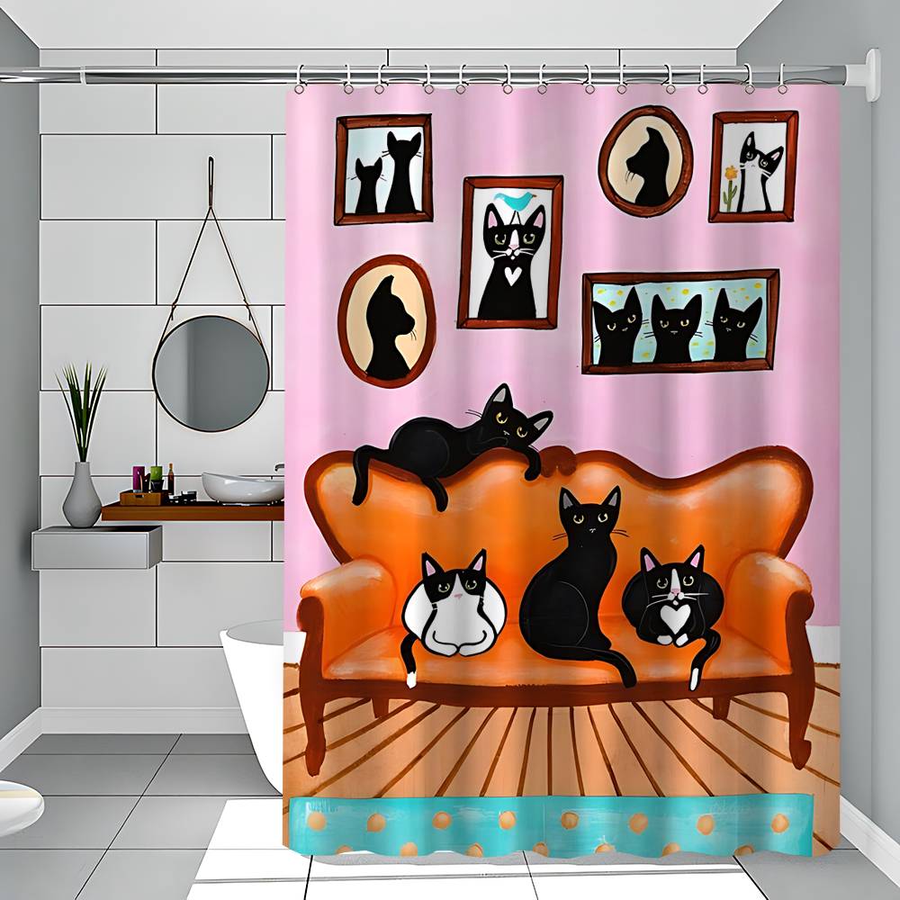 Black And Pink Cat Funny And Creative Beach Shower Curtain Waterproof Polyester Bath Curtains For Bathroom Decorate With Hooks