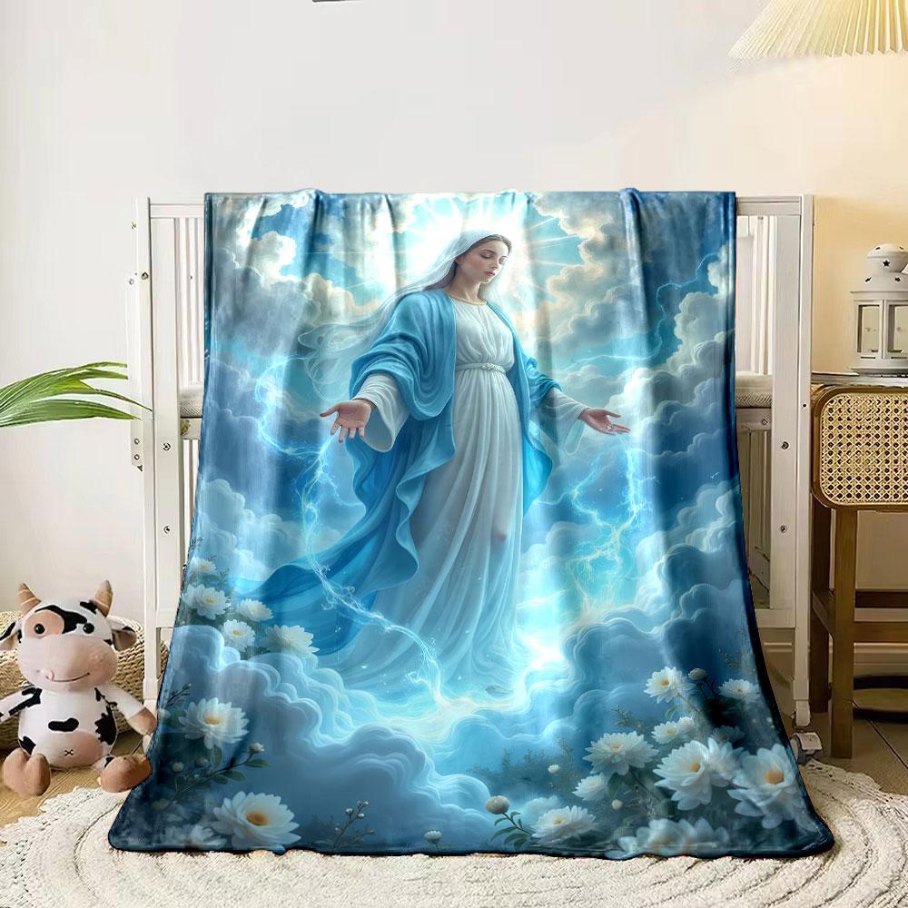 Virgin Mary Clouds White Flowers Blanket Printed Blanket for Living Room Bed Couch lunch break Soft Cozy Blanket for Friend's festival Gift