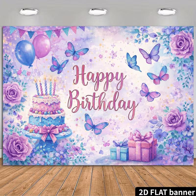 2D Cute Watercolor Butterfly Happy Birthday Backdrop Banner Party Decoration