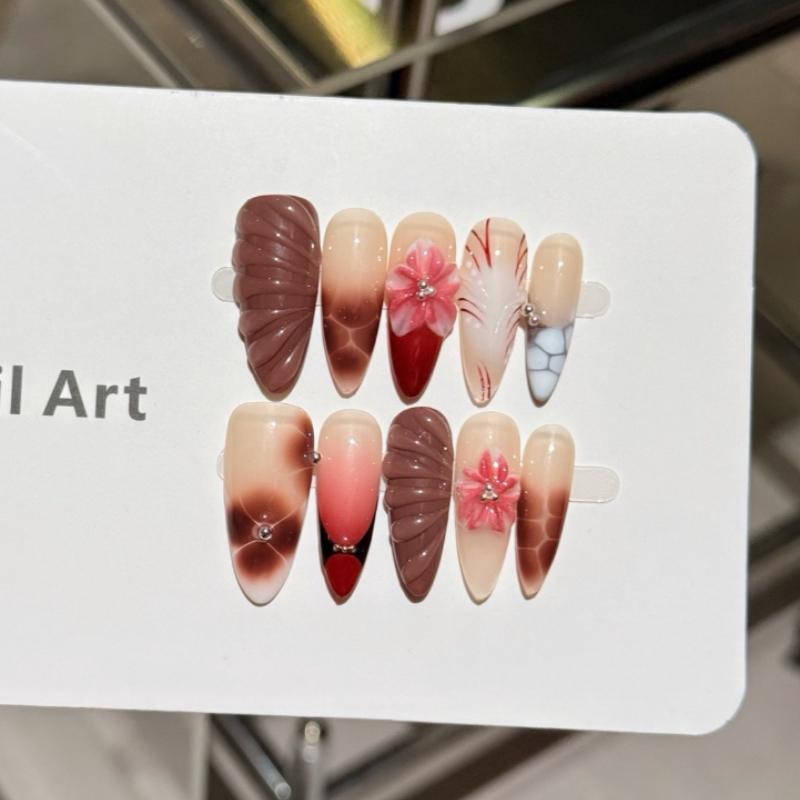 10Pcs Brown 3D Press on Nails - Flower  Shell Design Almond Fake Nails S