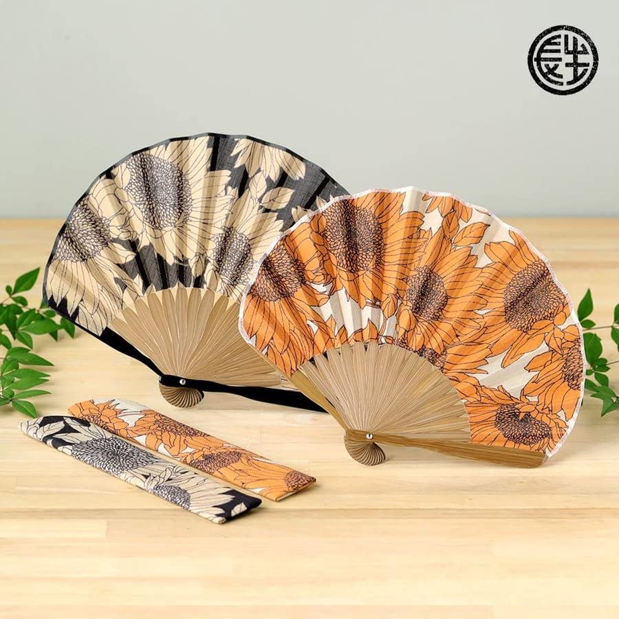 Folding Fan for Folding Fan Folding Fan Handkerchief Sunflower [Osaka Choseido] Women, Stylish, Business, Bag, Case, Set, (Black)