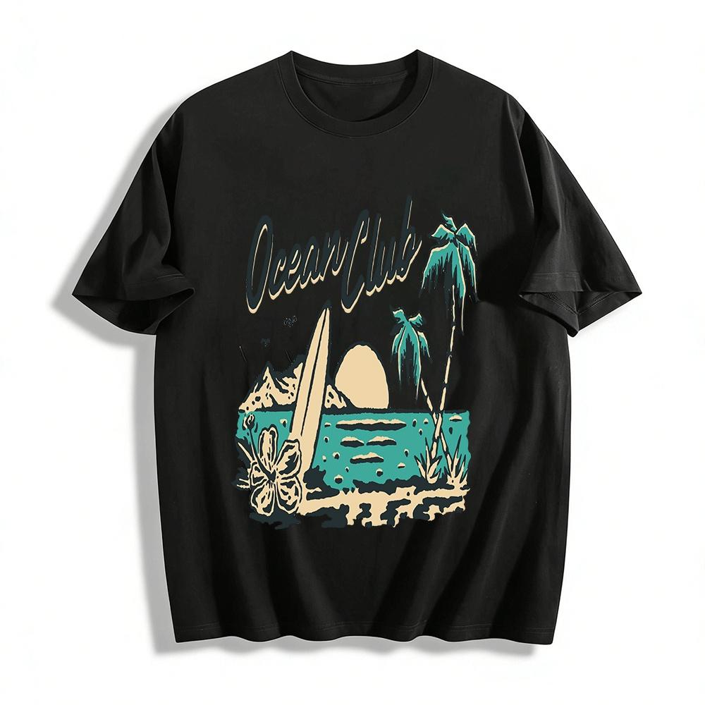 

Vintage Ocean Club Coconut Island Surf Print Casual Short Sleeve T-Shirt Pure cotton T-shirt XXS