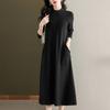 Autumn Winter Women's Plus-Size Sweater Dress Solid Color Loose Half Turtleneck Long Knitted Dress with Pockets