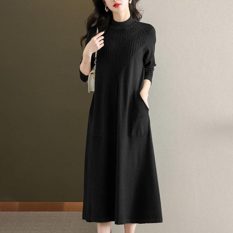 Autumn Winter Women's Plus-Size Sweater Dress Solid Color Loose Half Turtleneck Long Knitted Dress with Pockets