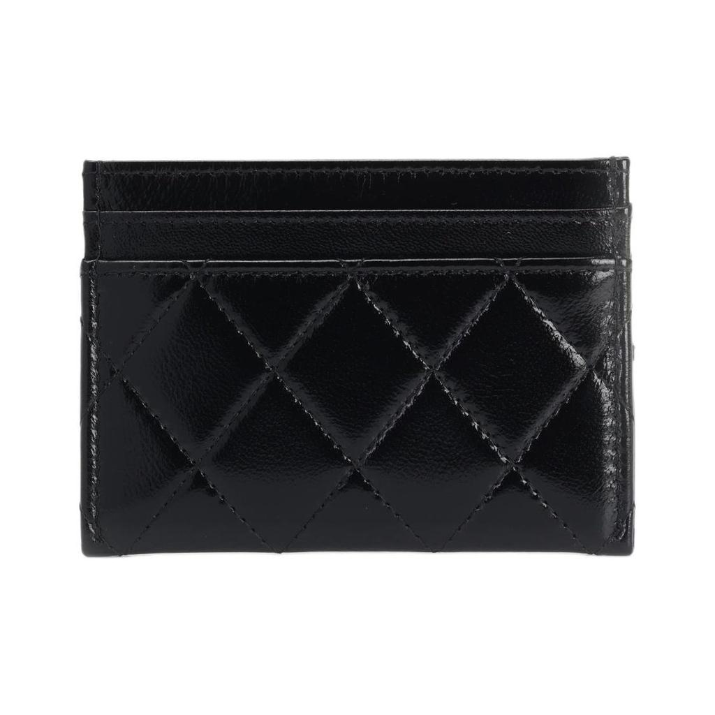 Chanel 24S Altın Toka Elmas Desenli Kareli Parlak Dana Derisi Kartlık ve Kart Çantası Unisex Çift Stili Siyah