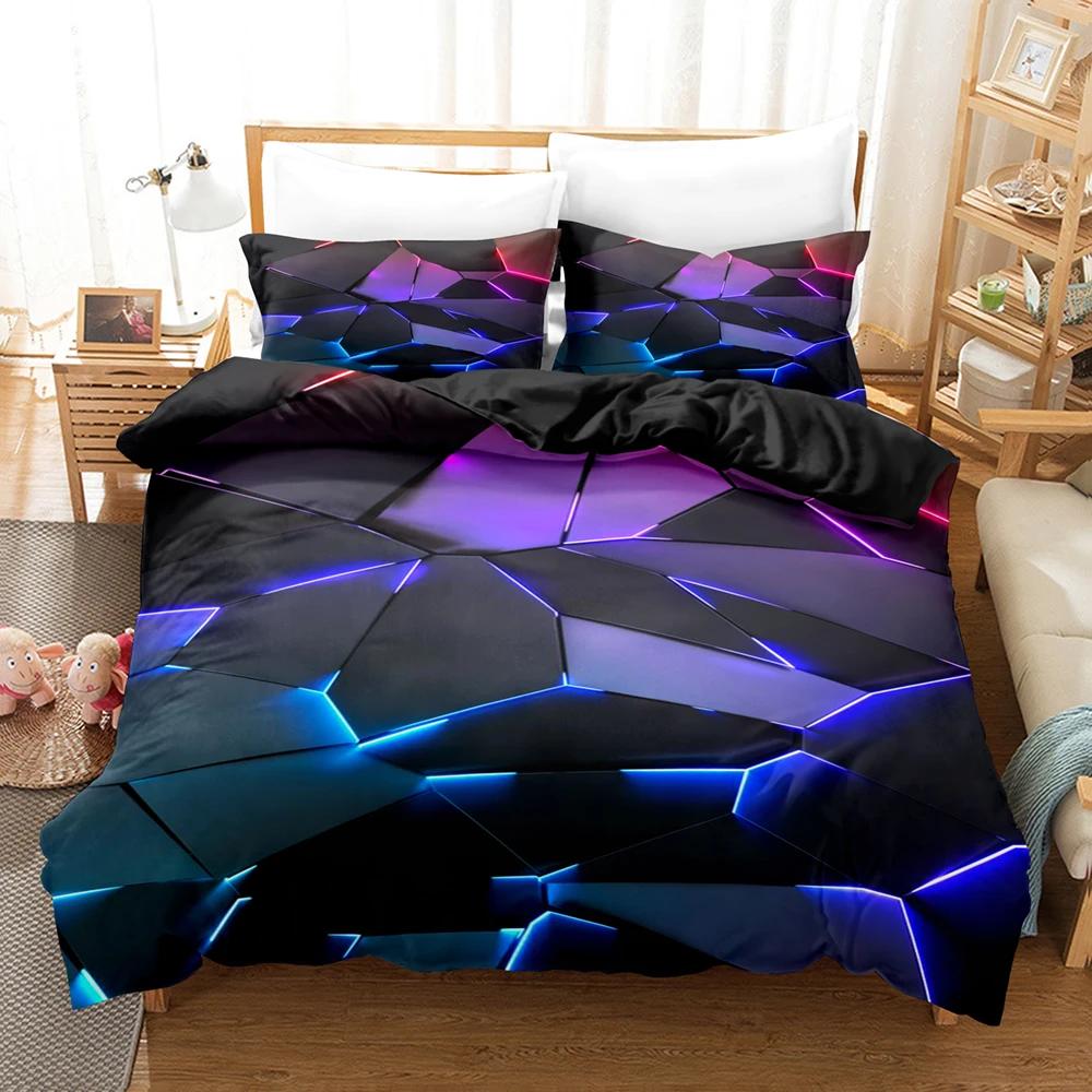 3Pcs Magic Theme Colorful Glowing Polygonal Grid Pattern Bedding Set Pillowcases King Queen Twin Double Size Comforter set