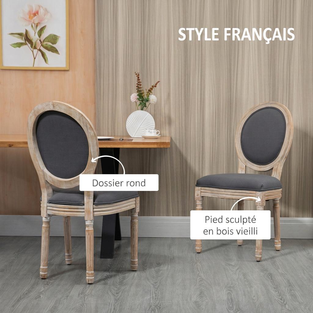 Dining Chairs, Set of 2, Louis XVI Medallion, Linen-Effect Upholstered Seat and Back, Grey