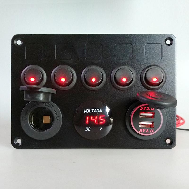 Truck Dual USB 5 Gang Toggle Control Switch Panel RED LED Voltmeter 12V 24V Car Boat Marine