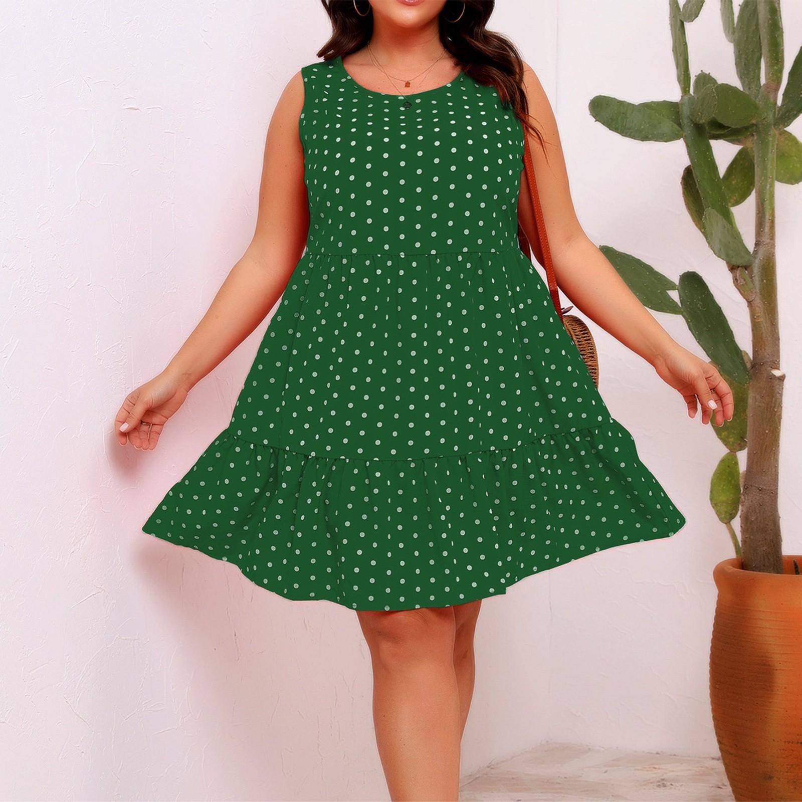 

Платье свободного кроя в горошек с круглым вырезом и оборками, без рукавов L зелёный