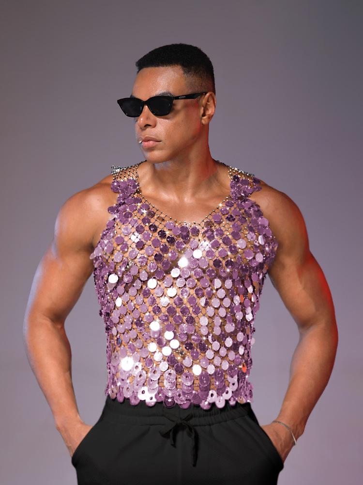 Sexy Herren Netz-Partyweste mit Strasssteinen und Aussparungen Small rose gold