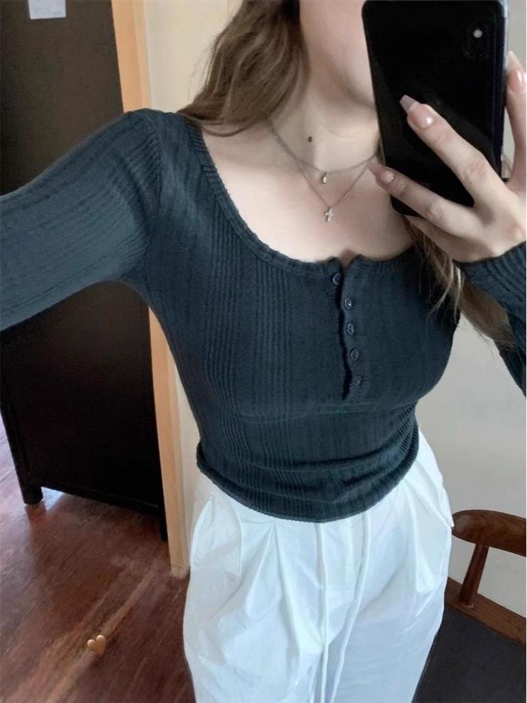Women's Korean Style Slim-Fit Ribbed T-Shirt: Spicy Girl Half-Open Collar, Long-Sleeved, Autumn/Winter