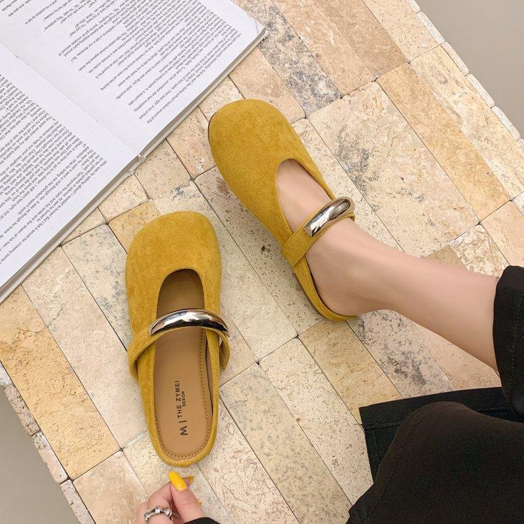 Solid color Mary Jane bag head half slippers women's 2025 new one-pedal light mouth metal flat bottom fashion drag breathable
