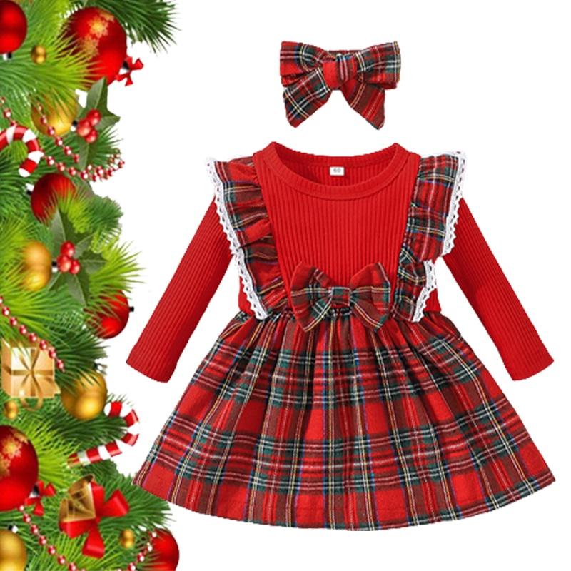 Toddler Xmas Plaid Printed Long Sleeve Christmas Dress