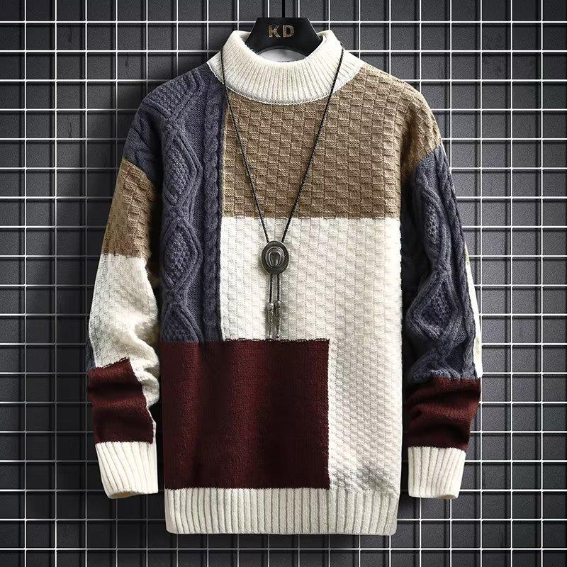 Men's Japanese Retro Color Block Knit Sweater - Autumn/Winter Long Sleeve Casual Pullover