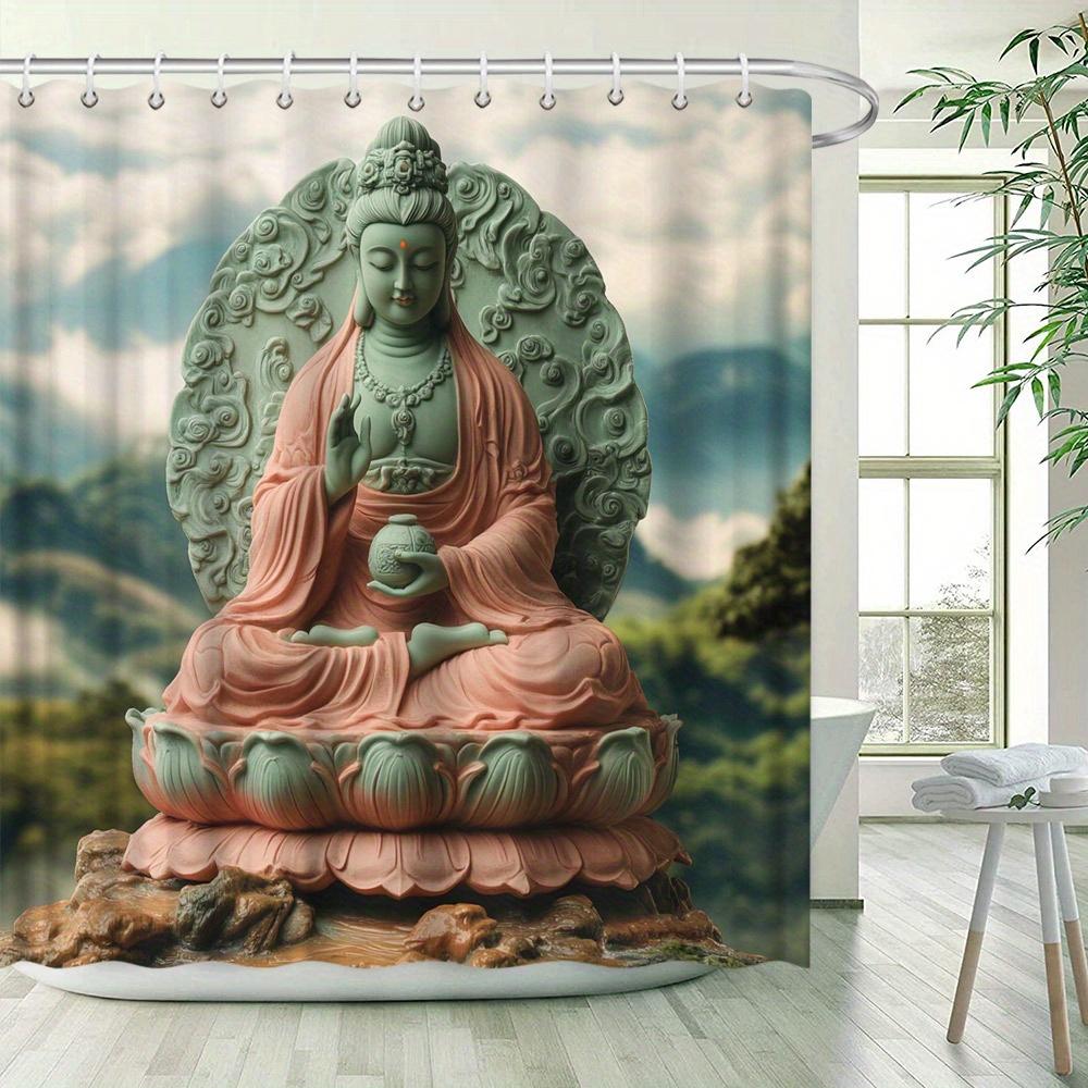 1Pc Serene Green Buddhist Statue Of Guanyin Shower Curtain With Lush Mountain Landscape - Polyester Fabric, 70X70 Inches