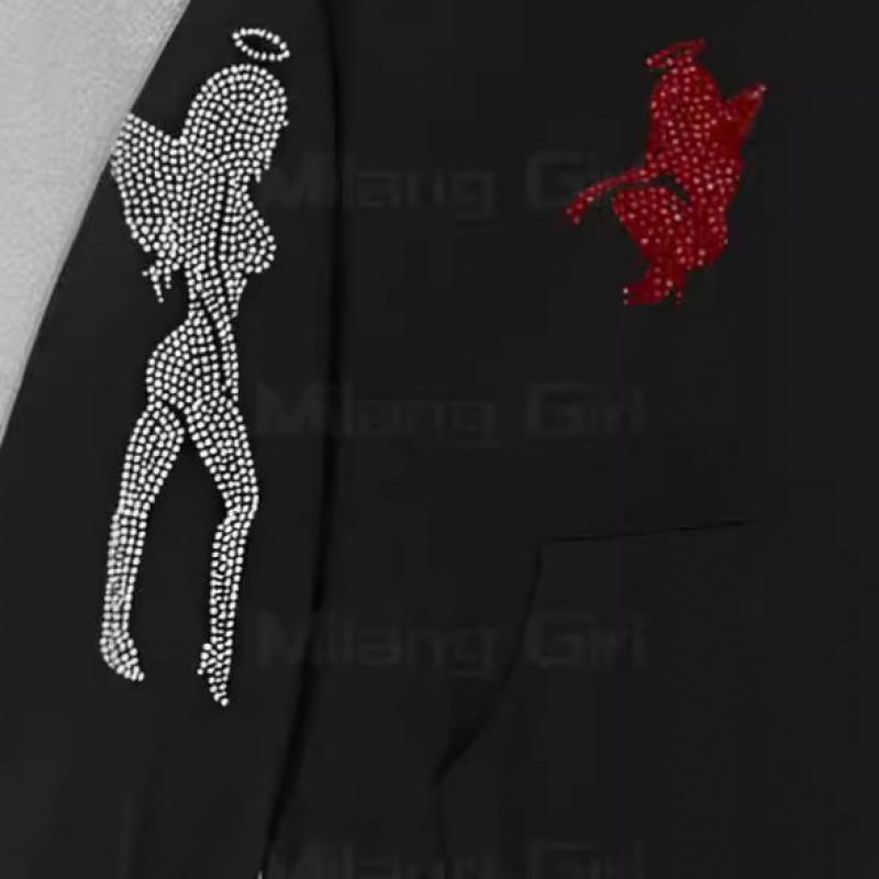 Sudadera con Cremallera y Capucha Gótica Oscura con Adorno de Pedrería Ángel Demonio Streetwear Manga Larga Oversize para Mujer