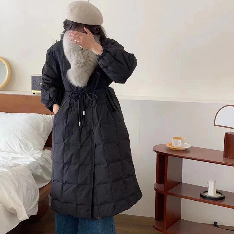 

White duck down fox hair lace-up waist long down jacket women s 2025 winter new knee coat tide One size