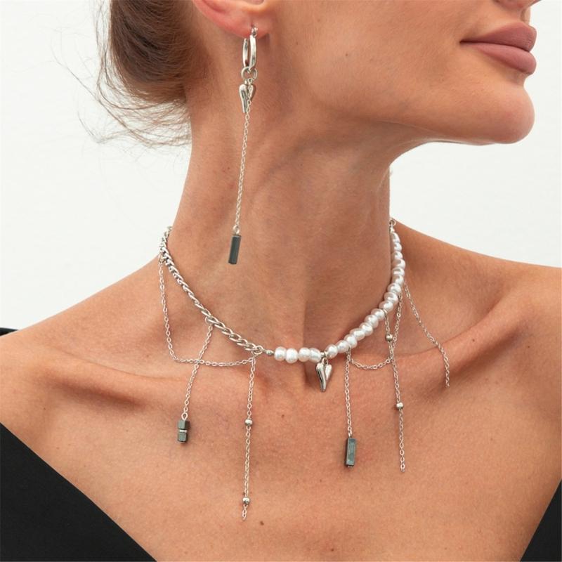 Retro Layer Earrings and Necklace With Bohemian Heart Pendant Pearls Choker And Cuban Chain Jewelry For Women Girls