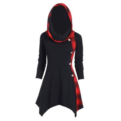 Women's Long Sleeve Color Block Plaid Double Layer Hooded Diamond Short Dress