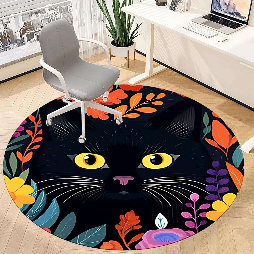 1PC Cat Flowers Office Round Area Rug, Mat Suitable For Office, Under Office Chairs Bedroom Living Room Home Decor, Room Deco