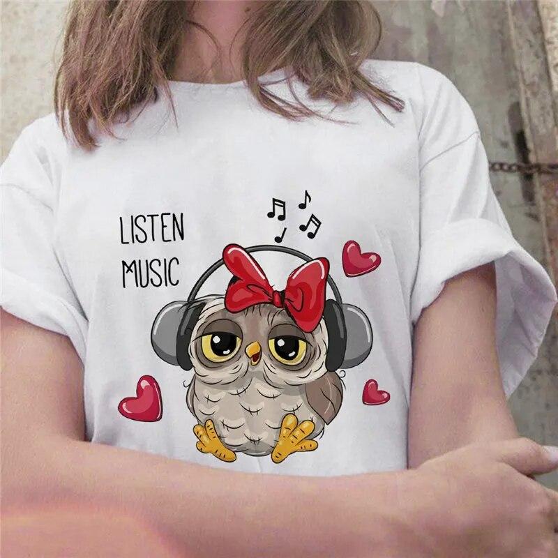 New Tops Trend Cute Owl Women Print Harajuku Ladies T-shirt Casual Basics O-collar Black White Shirt Short Sleeve Ladies T-shirt