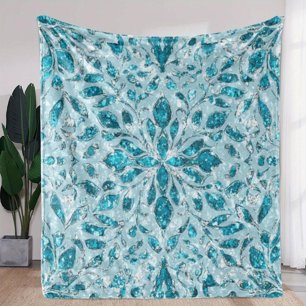 [Vintage Flannel Blanket] Soft Warm 1pc Vintage Blue Diamond Floral Print Flannel Blanket | All-Season Throw for Sofa Bed Car