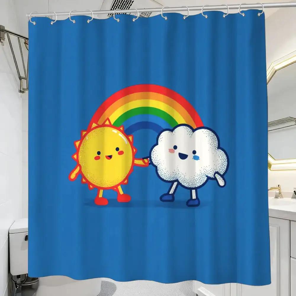 

Cute Weather Cartoon Shower Curtain – Smiling Sun & Crying Cloud Holding Rainbow, 12 Hooks, Waterproof Bathroom Decor W60H190(CM)-1 Pcs