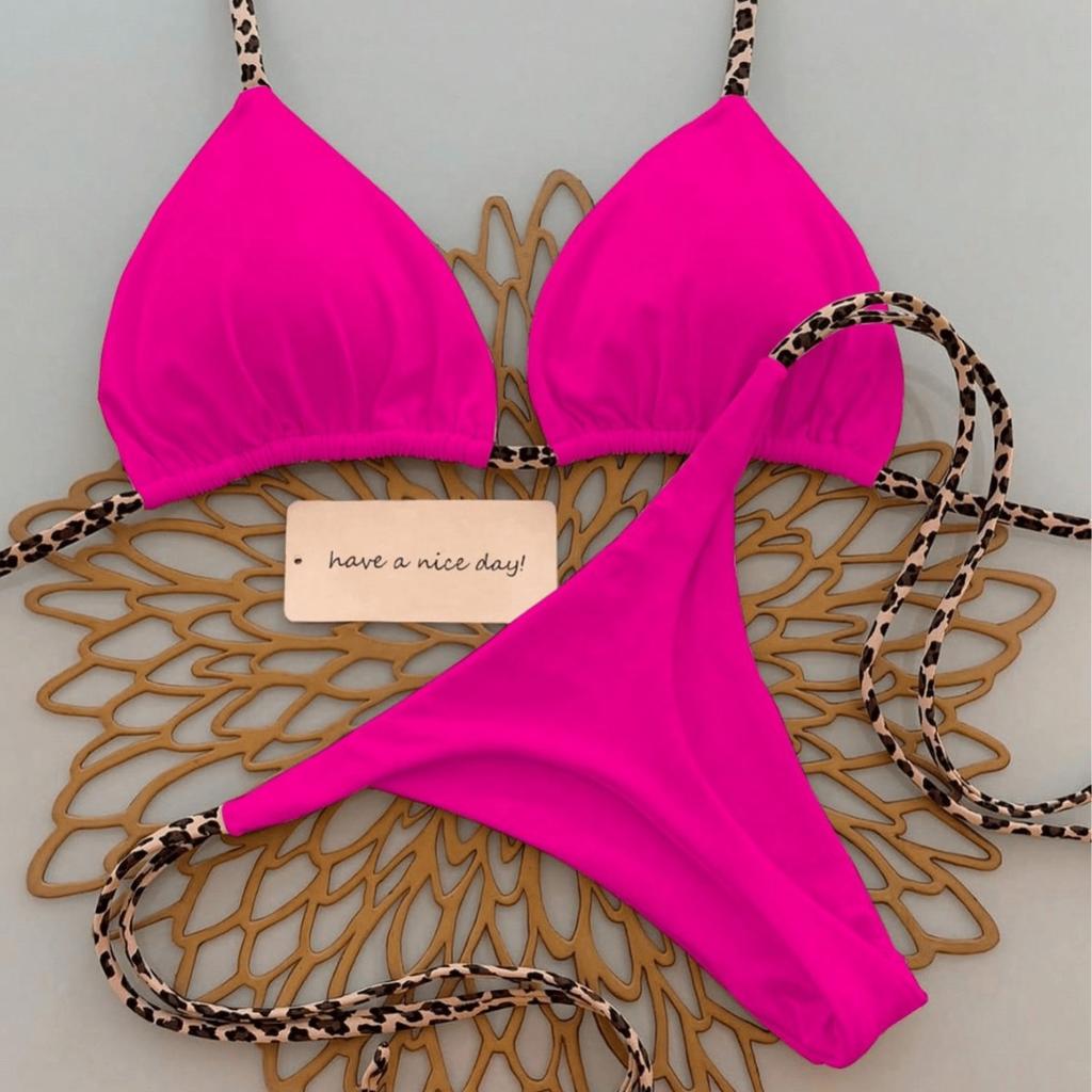 Ladies' Fashion Leopard Print Lace Up Bikini Swimsuit, Beach Vacation Set