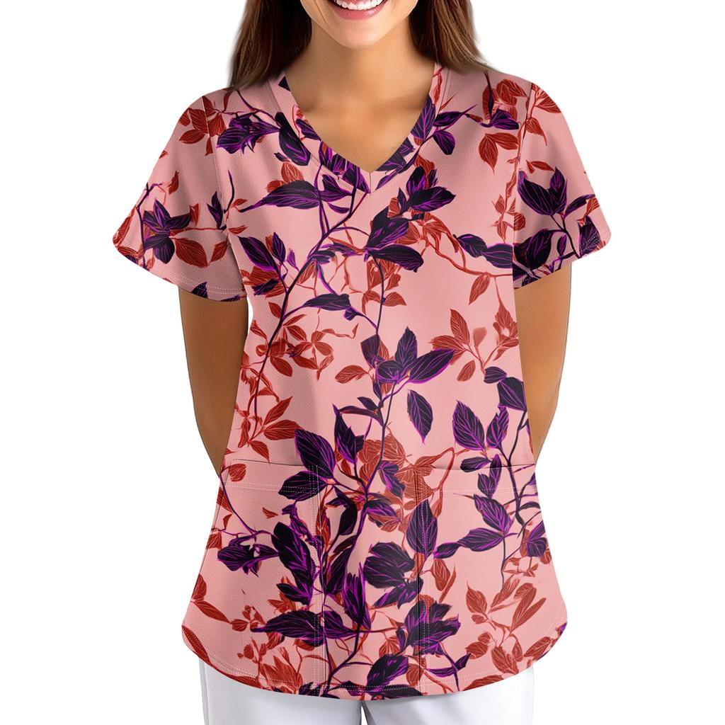 Top da Lavoro Stampato da Donna con Scollo a V, Vestibilità Larga, Manica Corta, con Tasca, Fantasia Floreale, Leggero, Camicia da Uniforme per Infermieri