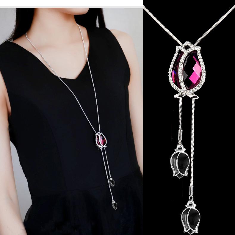 Korean Tassel Crystal Pendant Necklace - Elegant Long Sweater Chain