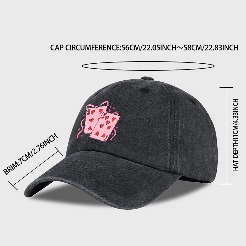 Red Heart Playing Card 67 Printed Washed Baseball Cap Soft, Comfortable, Breathable, Adjustable Sweet, Cool, Playful, Retro, Fas